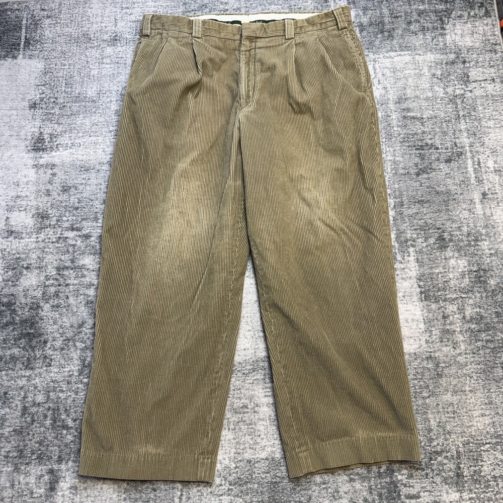 LL Bean Corduroy Pants Mens 40 Khaki Wide Wale Pleated Trouser High Waist 90s